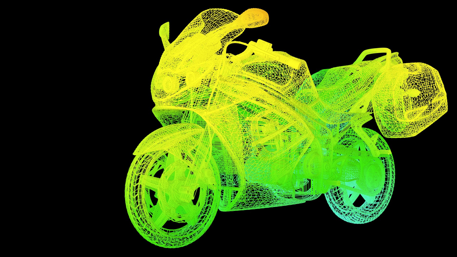 3d rendering of an outline rainbow color motor object on black